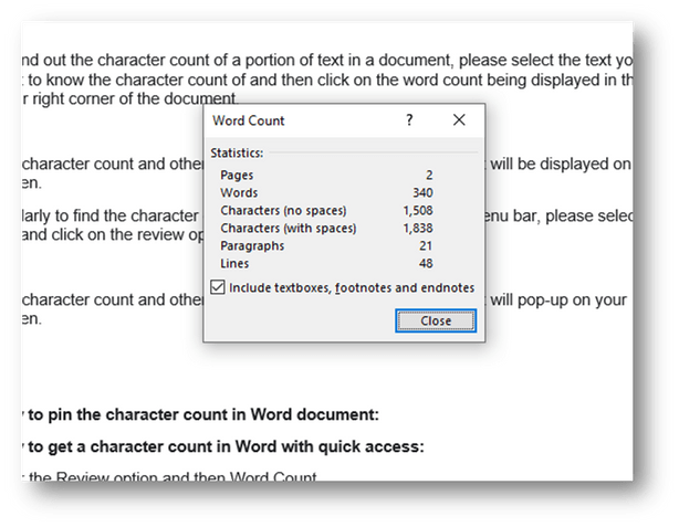 microsoft word character count popup