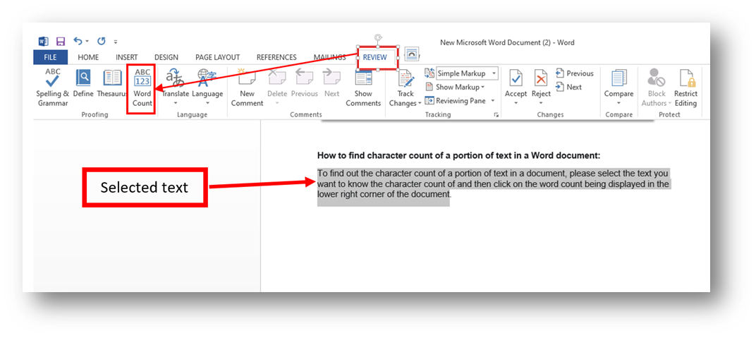 microsoft word character count selected text menu bar